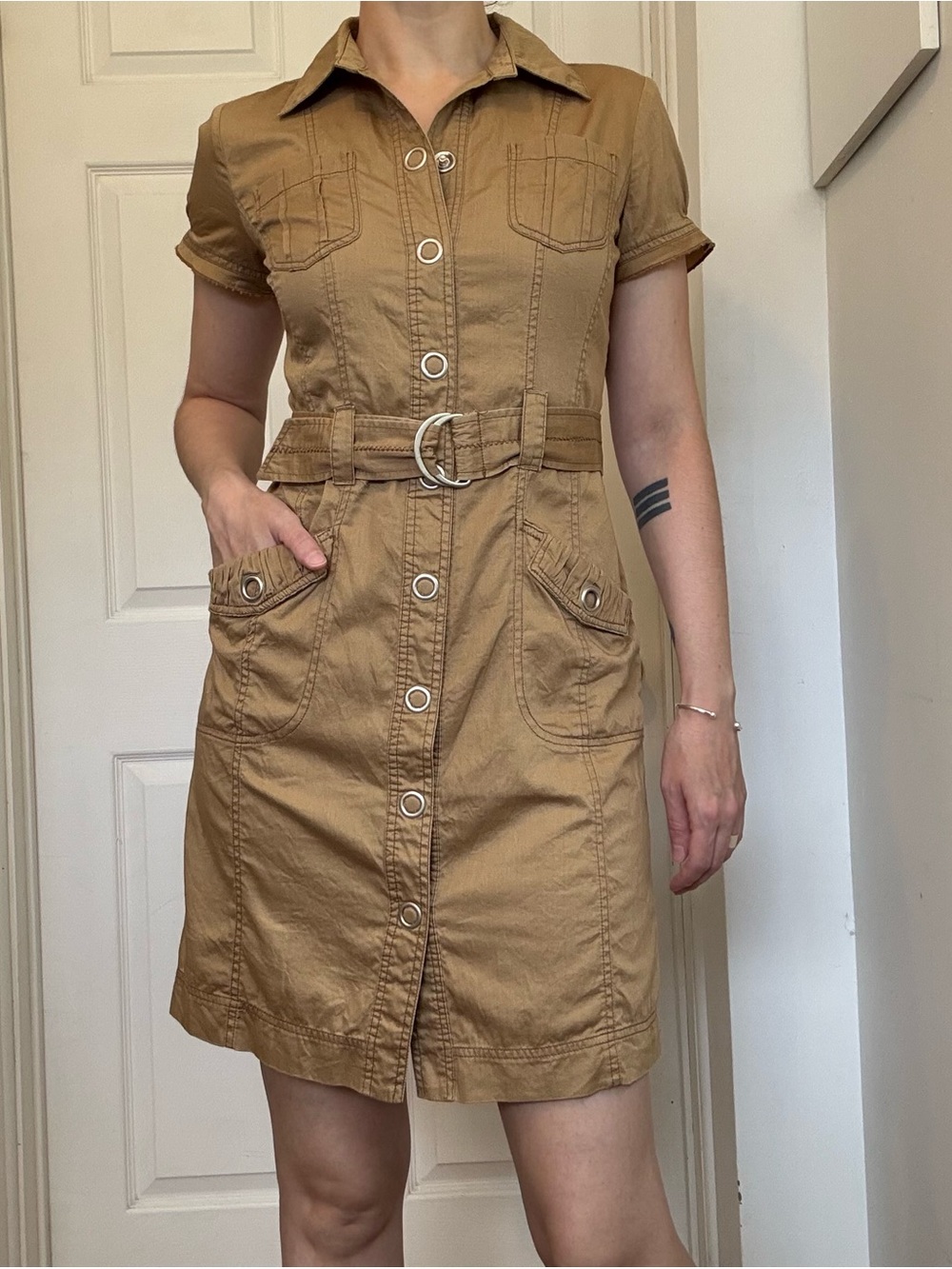 Tan Short-Sleeve Utility Shirt Dress with Belt